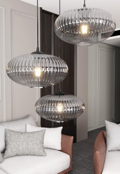 Lampadario 3 Luci Suchos Base Tonda Acciaio Nero Paralume Plissettato Fumè