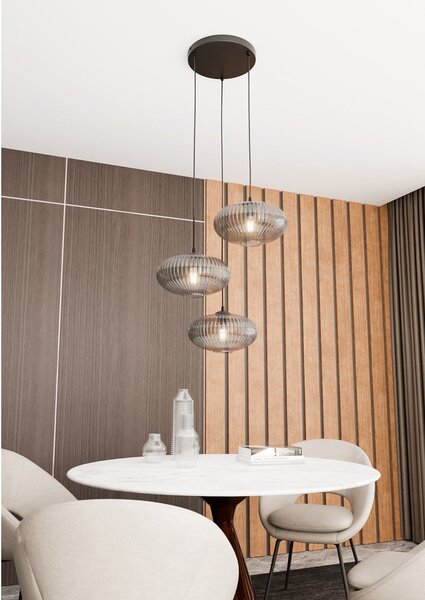 Lampadario 3 Luci Suchos Base Tonda Acciaio Nero Paralume Plissettato Fumè
