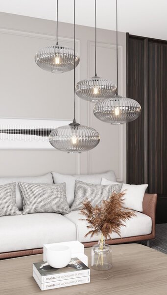 Lampadario 4 Luci Suchos Base Tonda Acciaio Nero Paralume Plissettato Fumè