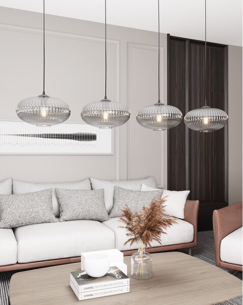 Lampadario 4 Luci Suchos In Acciaio Nero Paralume Plissettato Fumè
