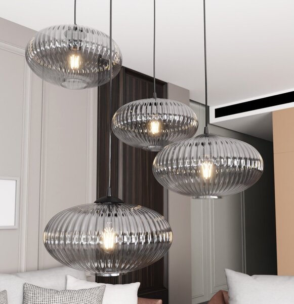Lampadario 4 Luci Suchos Base Tonda Acciaio Nero Paralume Plissettato Fumè