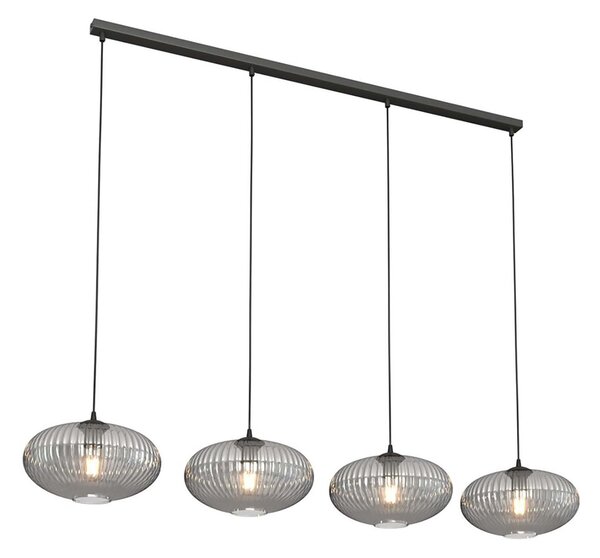 Lampadario 4 Luci Suchos In Acciaio Nero Paralume Plissettato Fumè