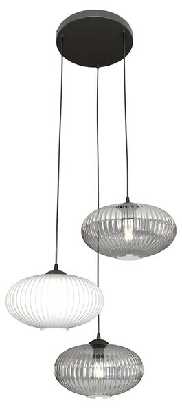 Lampadario 3 Luci Bel Base Tonda Acciaio Nero Paralume Plissè Multicolor