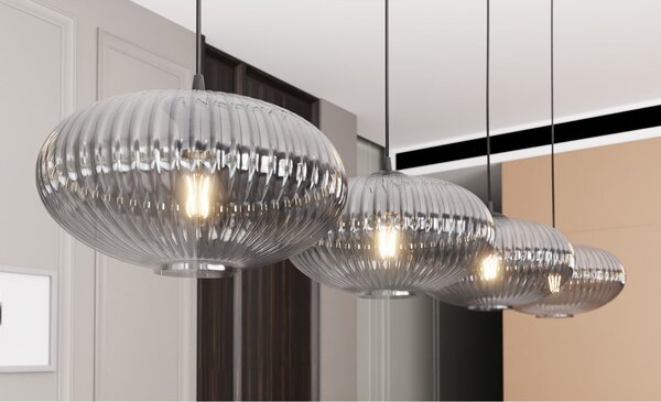 Lampadario 4 Luci Suchos In Acciaio Nero Paralume Plissettato Fumè
