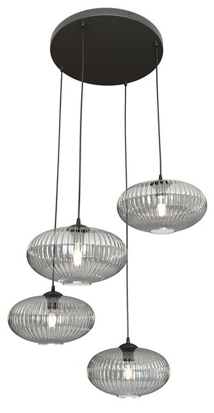 Lampadario 4 Luci Suchos Base Tonda Acciaio Nero Paralume Plissettato Fumè
