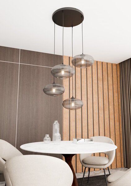 Lampadario 4 Luci Suchos Base Tonda Acciaio Nero Paralume Plissettato Fumè