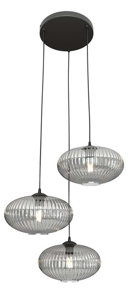 Lampadario 3 Luci Suchos Base Tonda Acciaio Nero Paralume Plissettato Fumè