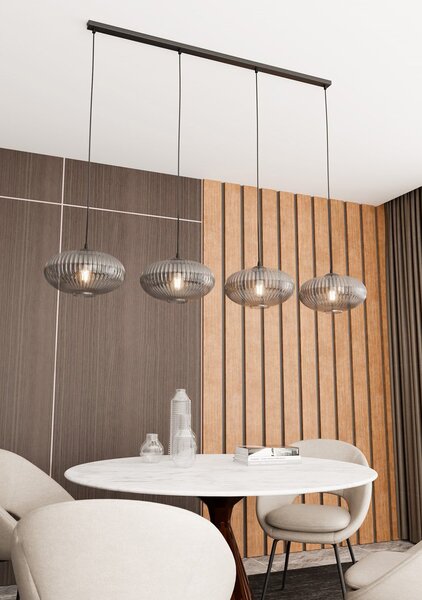 Lampadario 4 Luci Suchos In Acciaio Nero Paralume Plissettato Fumè