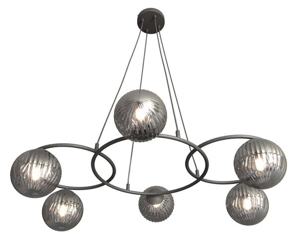 Lampadario 6 Luci Bel A Cerchi E Diffusori In Vetro Rigato Fumè