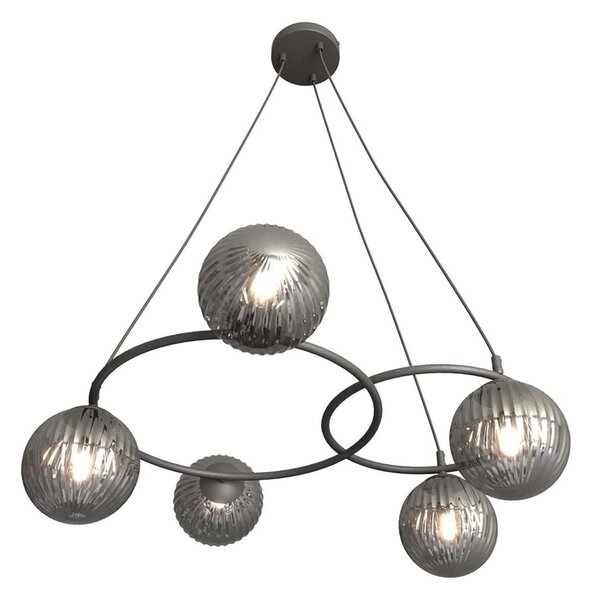 Lampadario 5 Luci Bel A Cerchi E Diffusori In Vetro Rigato Fumè