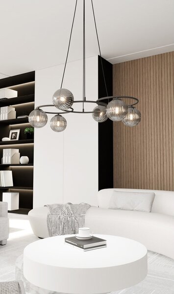 Lampadario 6 Luci Bel A Cerchi E Diffusori In Vetro Rigato Fumè