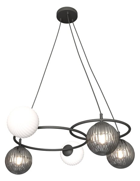Lampadario 5 Luci Bel A Cerchi E Diffusori In Vetro Rigato Opale E Fumè