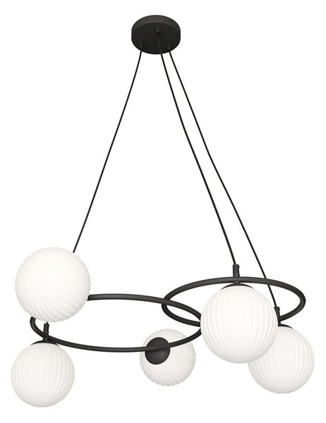 Lampadario 5 Luci Bel A Cerchi E Diffusori In Vetro Rigato Opale