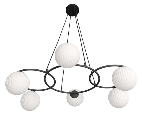 Lampadario 6 Luci Bel A Cerchi E Diffusori In Vetro Rigato Opale