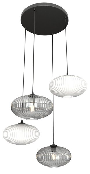 Lampadario 4 Luci Bel Base Tonda Acciaio Nero Paralume Plissè Multicolor