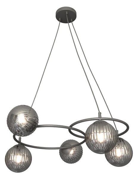 Lampadario 5 Luci Bel A Cerchi E Diffusori In Vetro Rigato Fumè