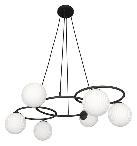 Lampadario 6 Luci Bel A Cerchi E Diffusori In Vetro Rigato Opale