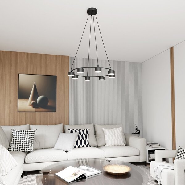 Lampadario Moderno 8 Luci Ondurguosh In Acciaio Nero Ad Anello E Cilindri