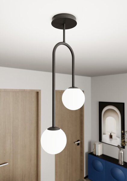 Lampada A Soffitto 2 Luci Bel In Acciaio Nero E Sfere In Vetro Opale