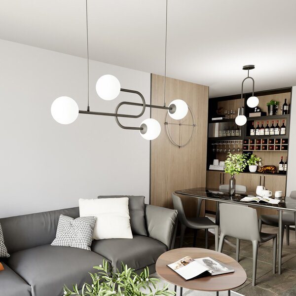 Lampadario 4 Luci Öndurguð In Acciaio Nero E Sfere In Vetro Opale