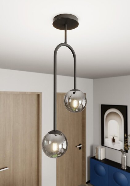 Lampada A Soffitto 2 Luci Öndurguð In Acciaio Nero E Sfere In Vetro Fumè