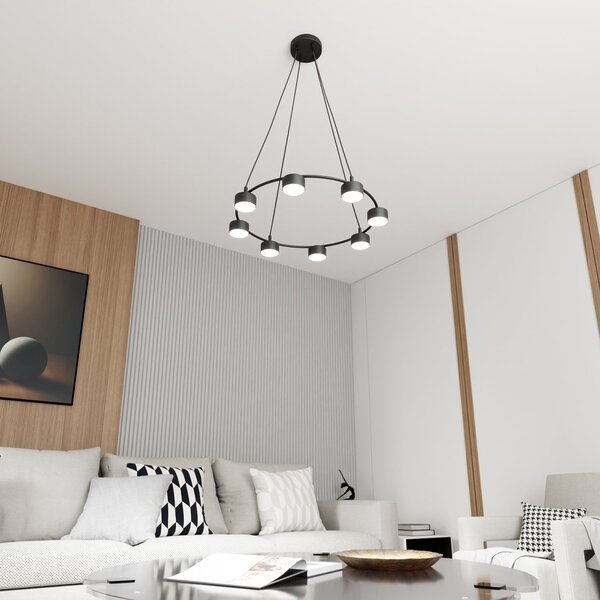 Lampadario Moderno 8 Luci Ondurguosh In Acciaio Nero Ad Anello E Cilindri