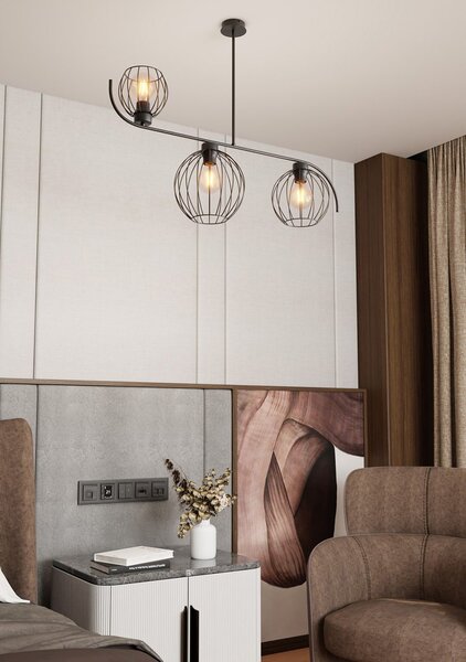 Lampadario Industrial 3 Luci Shamash In Acciaio Nero Paralumi A Gabbia