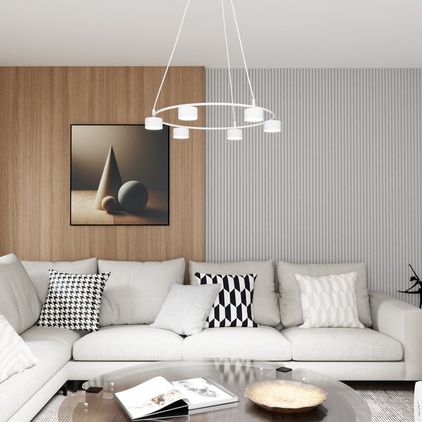 Lampadario Moderno 6 Luci Ondurguosh In Acciaio Bianco Ad Anello E Cilindri
