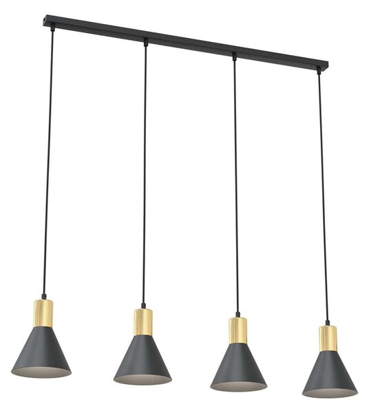 Lampadario 4 Luci Sin Acciaio Nero E Paralumi Conici Nero E Oro