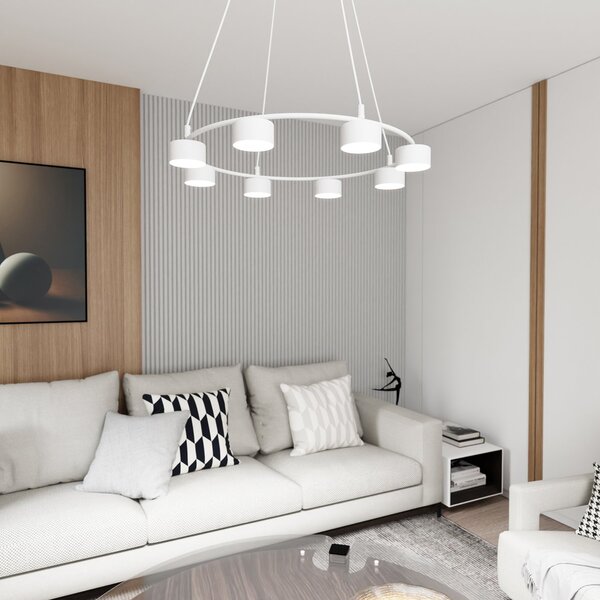 Lampadario Moderno 8 Luci Ondurguosh In Acciaio Bianco Ad Anello E Cilindri