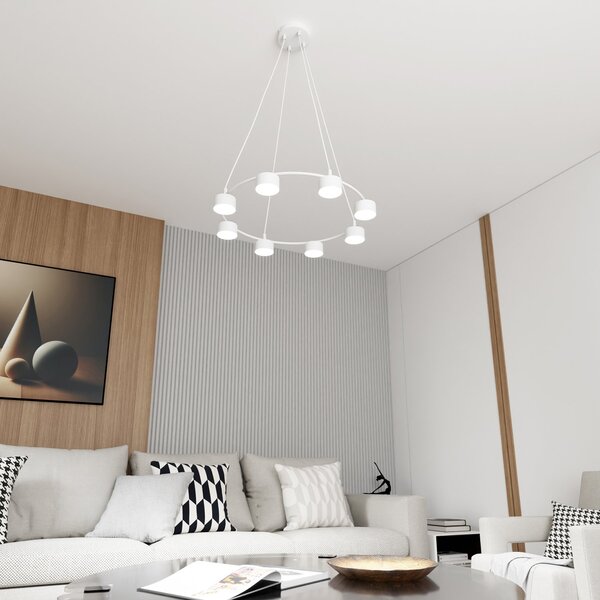 Lampadario Moderno 8 Luci Ondurguosh In Acciaio Bianco Ad Anello E Cilindri