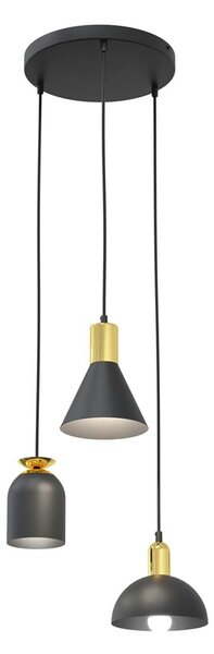 Lampadario 3 Luci Samildánach Tondo Acciaio Nero E Paralumi Forme Varie Nero Oro