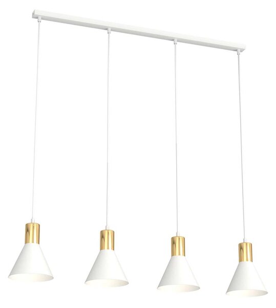 Lampadario 4 Luci Thalattē Acciaio Bianco E Paralumi Conici Bianco E Oro