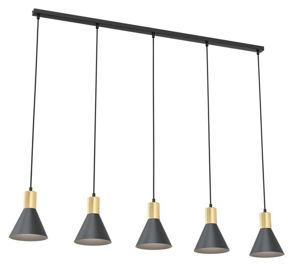 Lampadario 5 Luci Sin Acciaio Nero E Paralumi Conici Nero E Oro