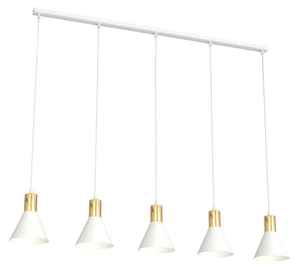 Lampadario 5 Luci Thalattē Acciaio Bianco E Paralumi Conici Bianco E Oro