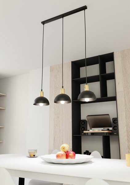 Lampadario 3 Luci Badb In Acciaio Nero E Oro Diffusori A Cupola