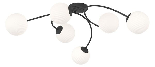 Plafoniera 6 Luci Theseus In Acciaio Nero E Vetro Rigato A Sfera Bianco