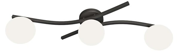 Plafoniera 3 Luci Orpheus In Accciaio Nero E Sfere In Vetro Bianco