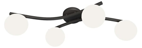 Plafoniera 4 Luci Orpheus In Accciaio Nero E Sfere In Vetro Bianco
