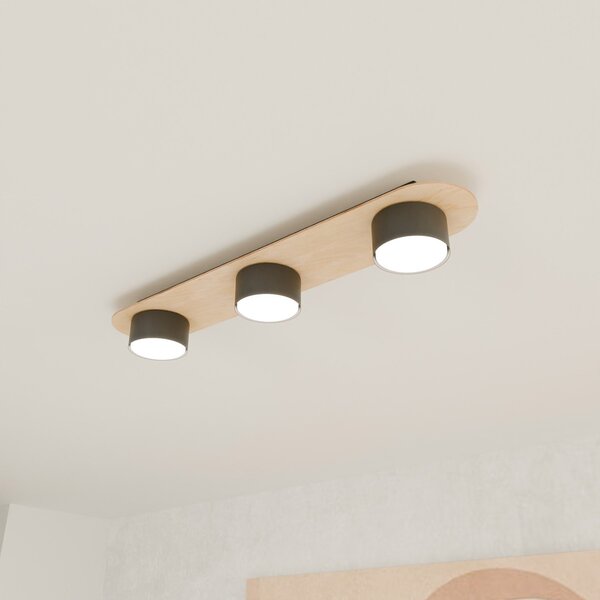 Plafoniera 3 Luci Theseus Acciaio Nero E Legno Naturale Diffusore A Cilindro