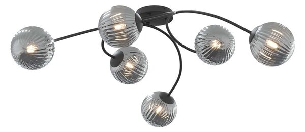 Plafoniera 6 Luci Theseus In Acciaio Nero E Vetro Rigato A Sfera Fumè