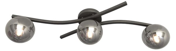 Plafoniera 3 Luci Polideuce In Accciaio Nero E Sfere In Vetro Fumè