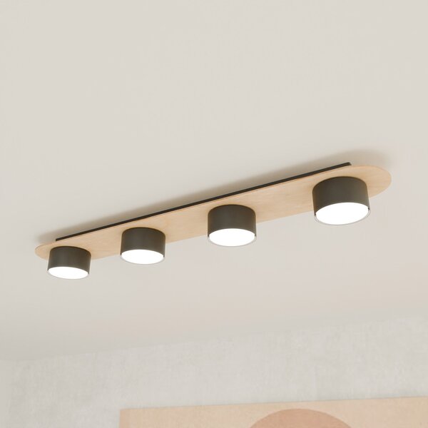 Plafoniera 4 Luci Theseus Acciaio Nero E Legno Naturale Diffusore A Cilindro