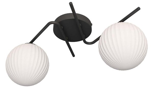 Plafoniera Moderna 2 Luci Polideuce Acciaio Nero Diffusori Vetro Rigato Opale