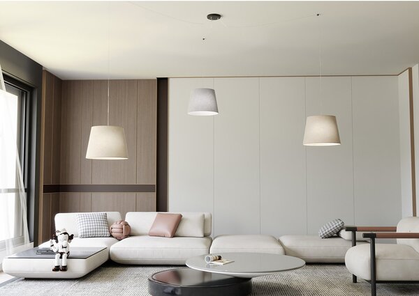 Sospensione 3 Luci Tethys Con Fermacavi E Paralumi Grigio E Beige