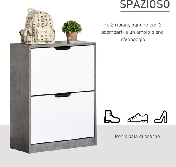 HOMCOM Scarpiera Ingresso a 2 Scomparti con Ripiani Interni, Salvaspazio, in Legno, 62.5x26x81cm, Grigio e Bianco | Aosom