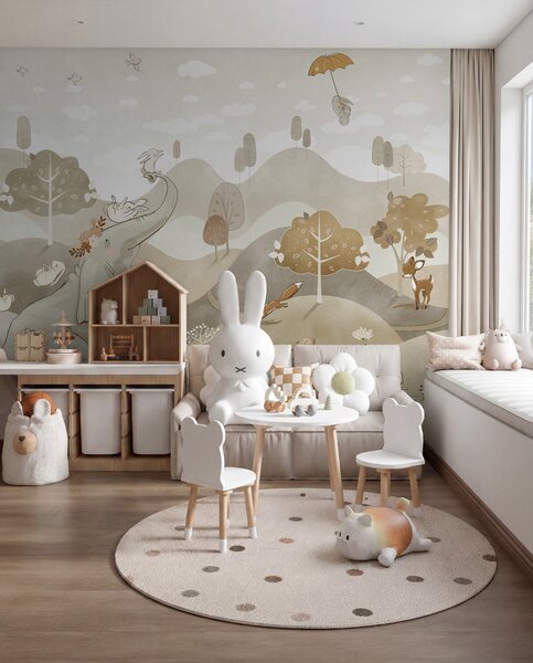 Carta da parati Paesaggio con simpatici animali, Carta da parati per Bambini, Carta da parati Vivaio in stile scandinavo, u98695 : Uwalls.it