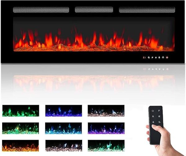 Camino elettrico, touchscreen, piano in vetro, fiamma colorata, installazione, montaggio a parete, riscaldamento, telecomando con cristalli e set di decorazioni, 900/1800 W (127 cm, nero)