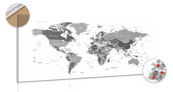 Quadri su sughero di un moderno mappamondo su sfondo in bianco e