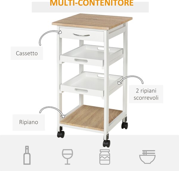 HOMCOM Carrello da cucina con ruote e 2 ripiani rimovibili, multi-rangementi cassetto con scaffale quercia di pino, 37x37x76 cm, bianco | Aosom Italy